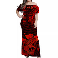 (Custom Personalised) Hawaii Off Shoulder Long Dress Kakau Kanaka Maoli Combine Polynesian Shark Ver.06 LT14 Women Red - Polynesian Pride