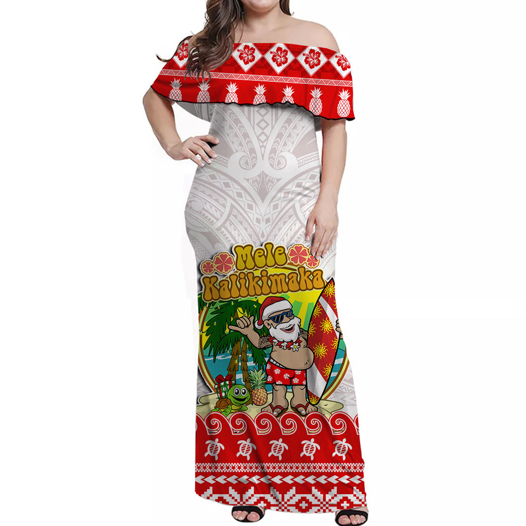 Hawaii Christmas Off Shoulder Long Dress Kanaka Polynesian Santa Claus Mele Kalikimaka LT14 Women Red - Polynesian Pride