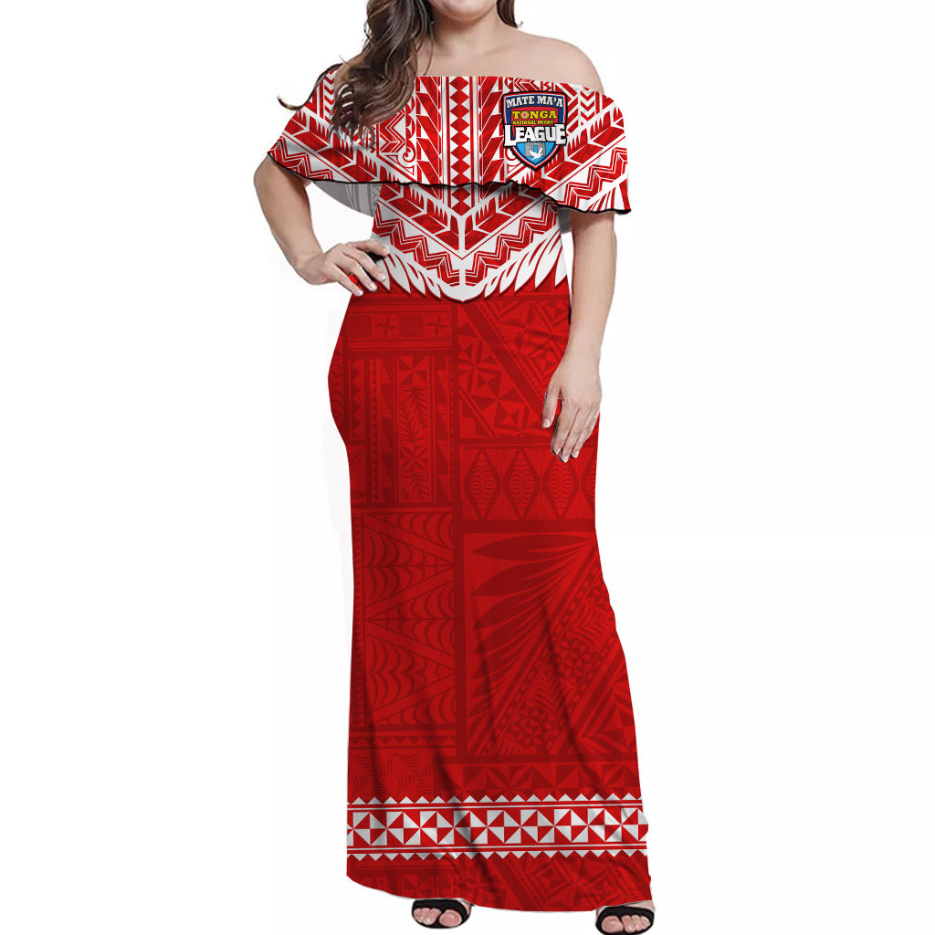 (Custom Text And Number) Tonga Rugby Off Shoulder Long Dress Mate Maa Tonga Pacific Ngatu White LT14 Women Red - Polynesian Pride