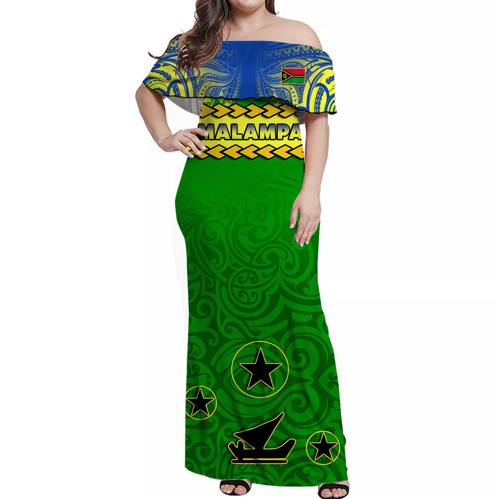Malampa Province Off Shoulder Long Dress Vanuatu Pig Tusk Polynesian Flag Style LT14 Women Green - Polynesian Pride