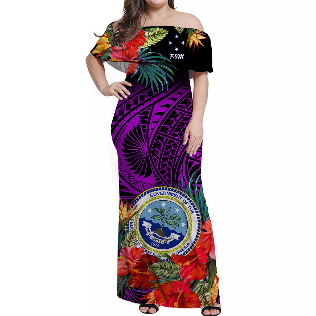 (Custom Personalised) Federated States of Micronesia Off Shoulder Long Dress Hibiscus Flowers FSM Seal Polynesian Ver.04 LT14 Women Purple - Polynesian Pride