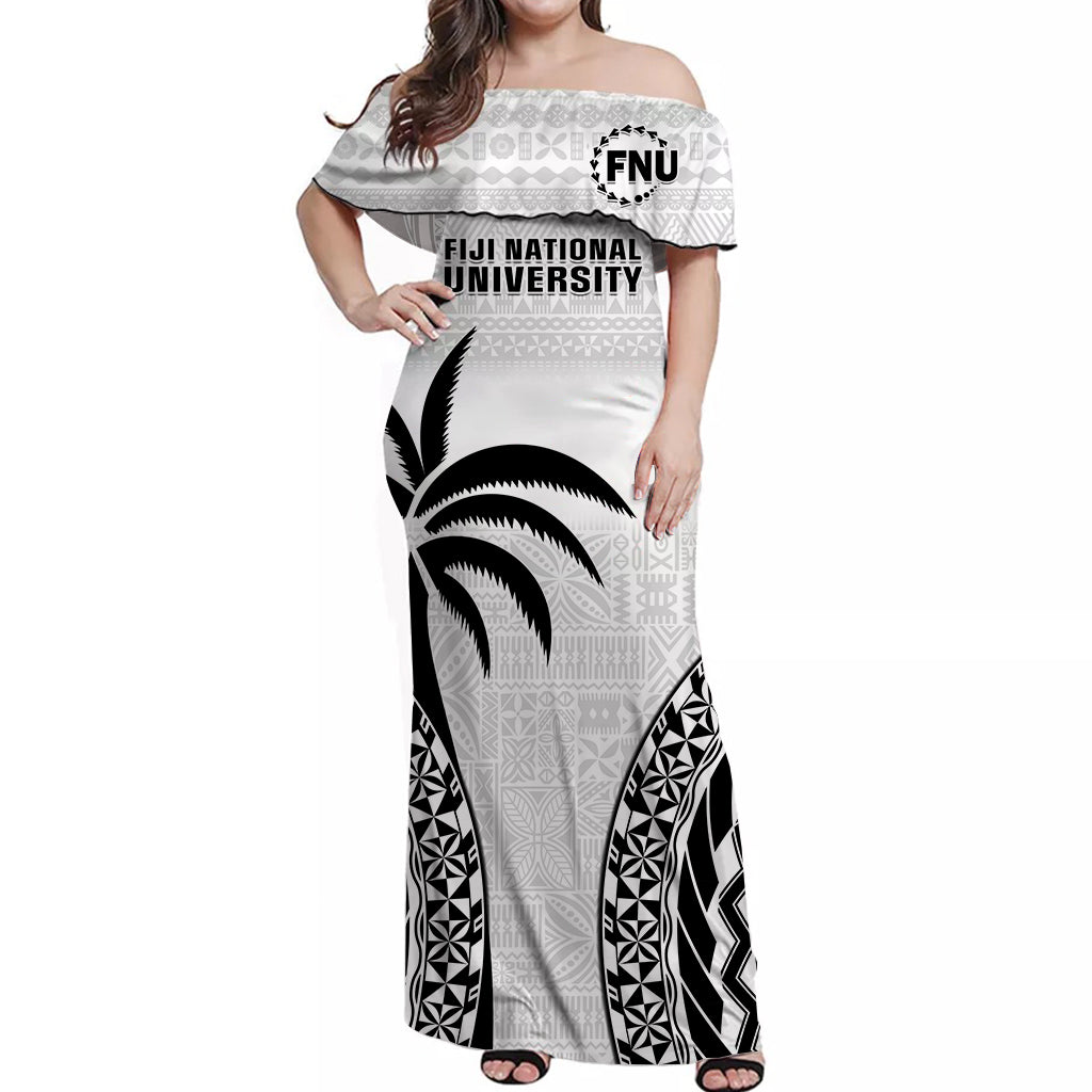 (Custom Personalised) Fiji University Off Shoulder Long Dress National Fijian Tapa Pattern White LT14 Women White - Polynesian Pride