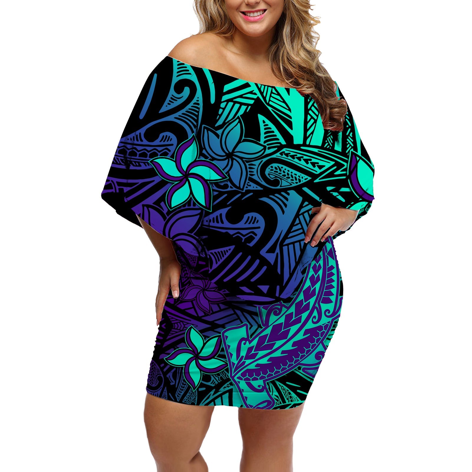 Polynesian Off Shoulder Short Dress Purple Paradise Hawaiian Tribal Hammerhead Shark LT14 Women Purple - Polynesian Pride