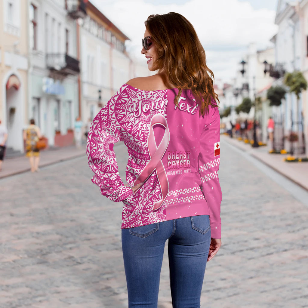 (Custom Personalised) Tonga Breast Cancer Off Shoulder Sweater Tongan Ngatu Pattern No One Fights Alone LT14 - Polynesian Pride