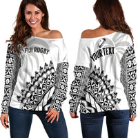 (Custom Personalised) Fiji Rugby Off Shoulder Sweater Fijian Cibi Dance Tapa Pattern White LT14 Women White - Polynesian Pride