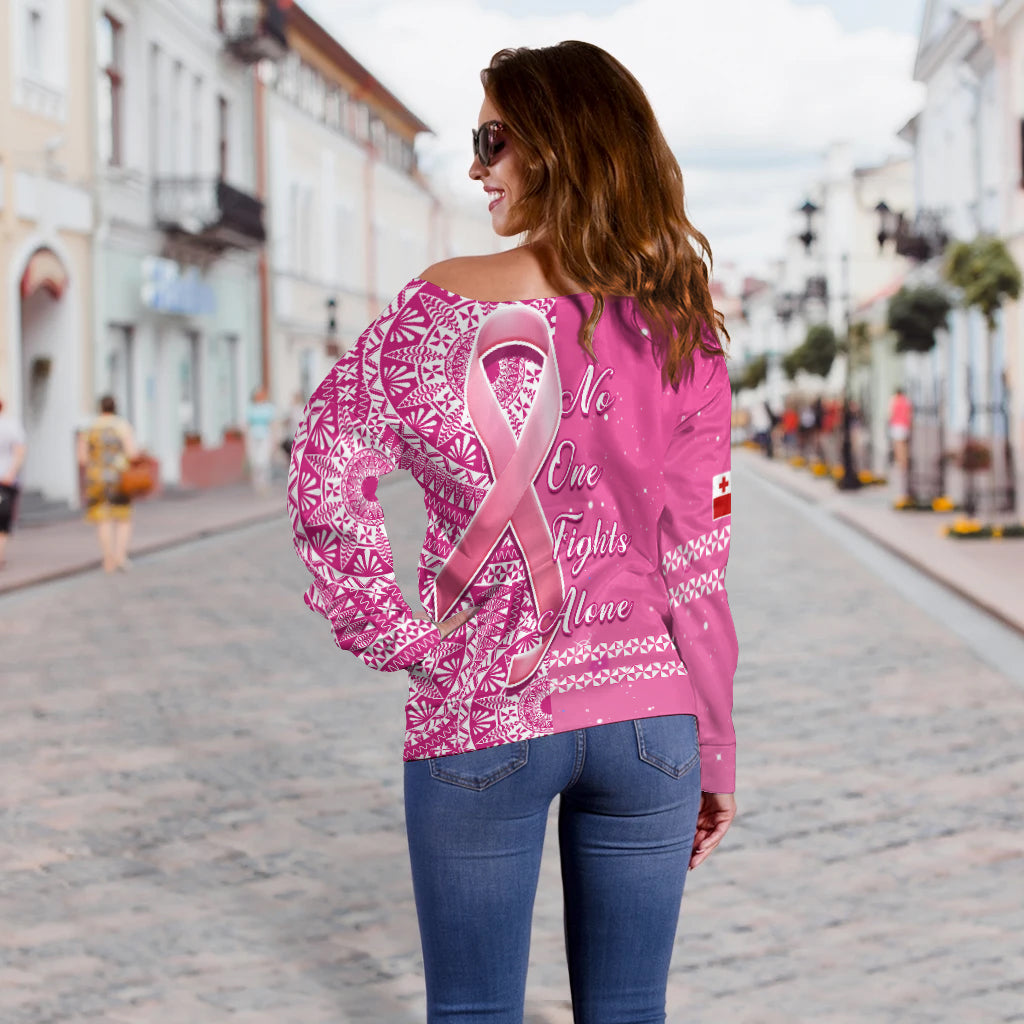 Tonga Breast Cancer Off Shoulder Sweater Tongan Ngatu Pattern No One Fights Alone LT14 - Polynesian Pride