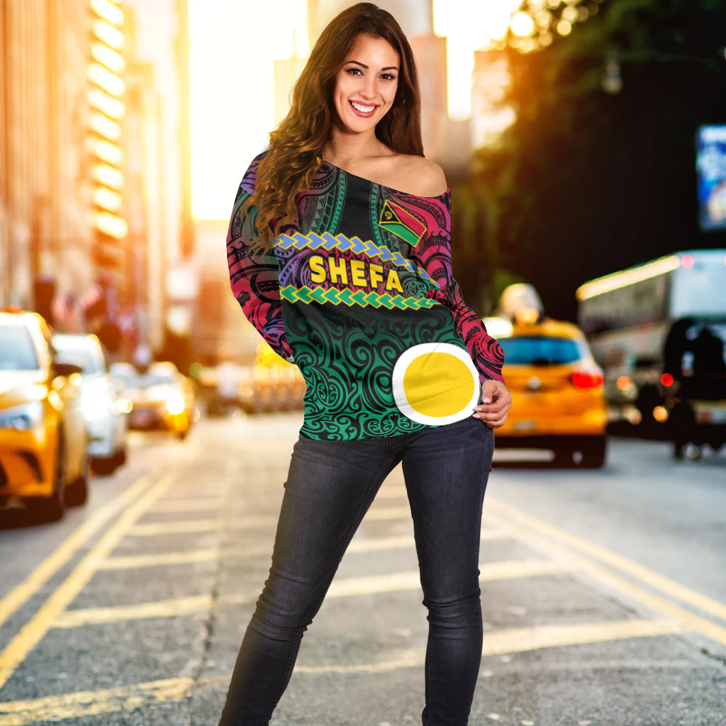 Shefa Province Off Shoulder Sweater Vanuatu Pig Tusk Polynesian Flag Style LT14 - Polynesian Pride