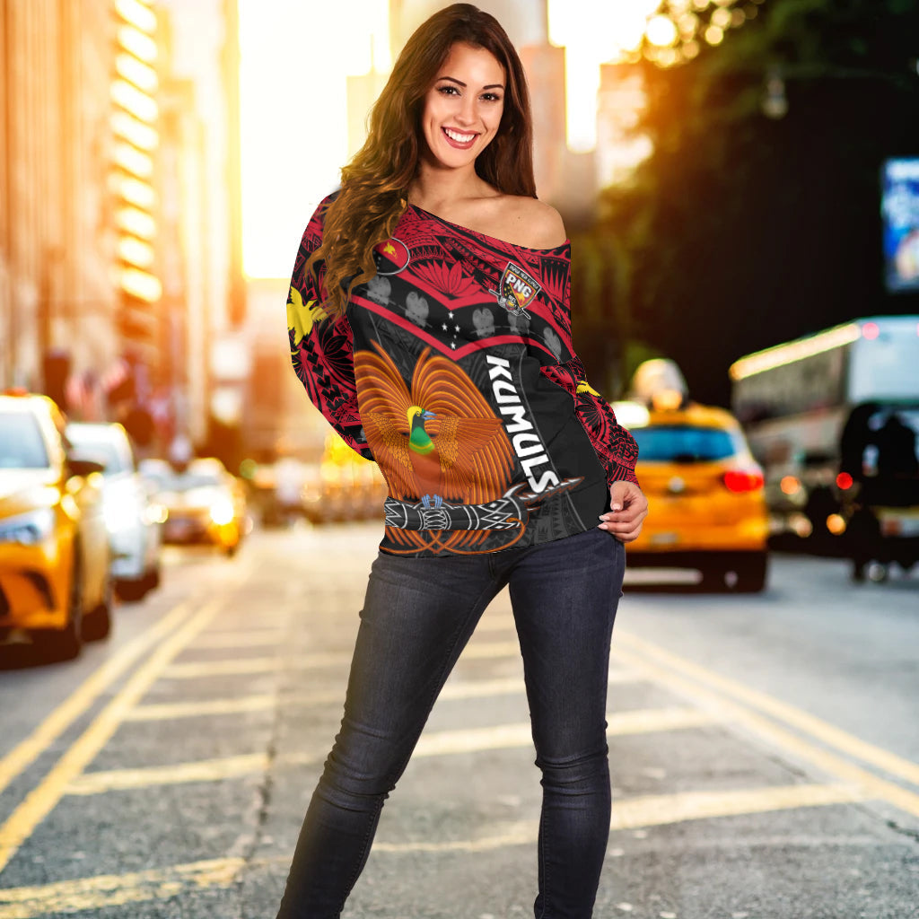 (Custom Text And Number) Papua New Guinea Rugby Off Shoulder Sweater PNG Kumuls Bird Of Paradise Black LT14 - Polynesian Pride