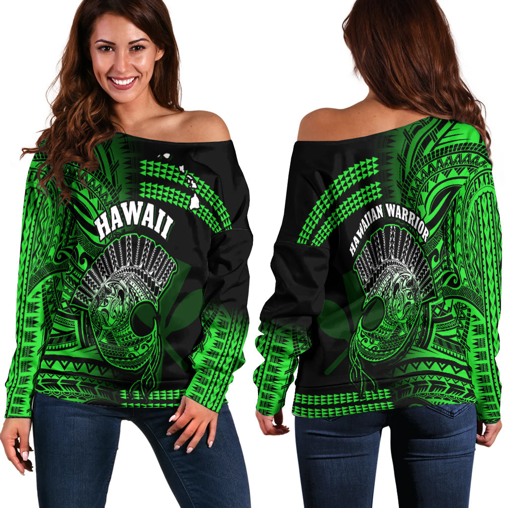 Hawaii Off Shoulder Sweater Kakau Warrior Helmet Gradient Green Polynesian LT14 Women Green - Polynesian Pride