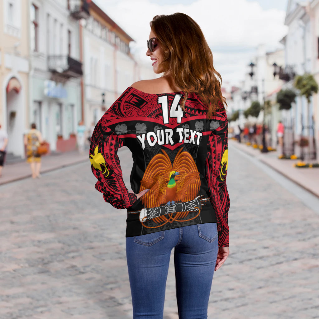 (Custom Text And Number) Papua New Guinea Rugby Off Shoulder Sweater PNG Kumuls Bird Of Paradise Black LT14 - Polynesian Pride