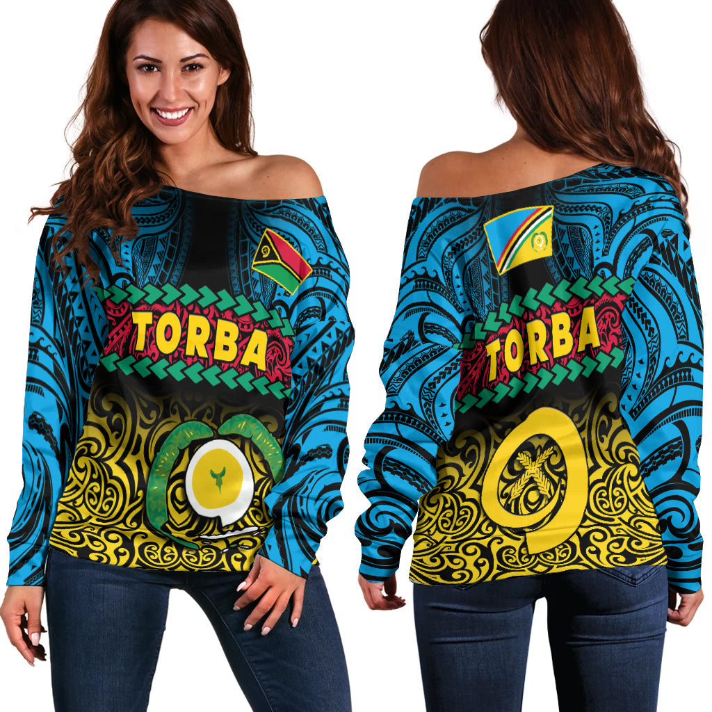 Torba Province Off Shoulder Sweater Vanuatu Pig Tusk Polynesian Flag Style LT14 Women Black - Polynesian Pride