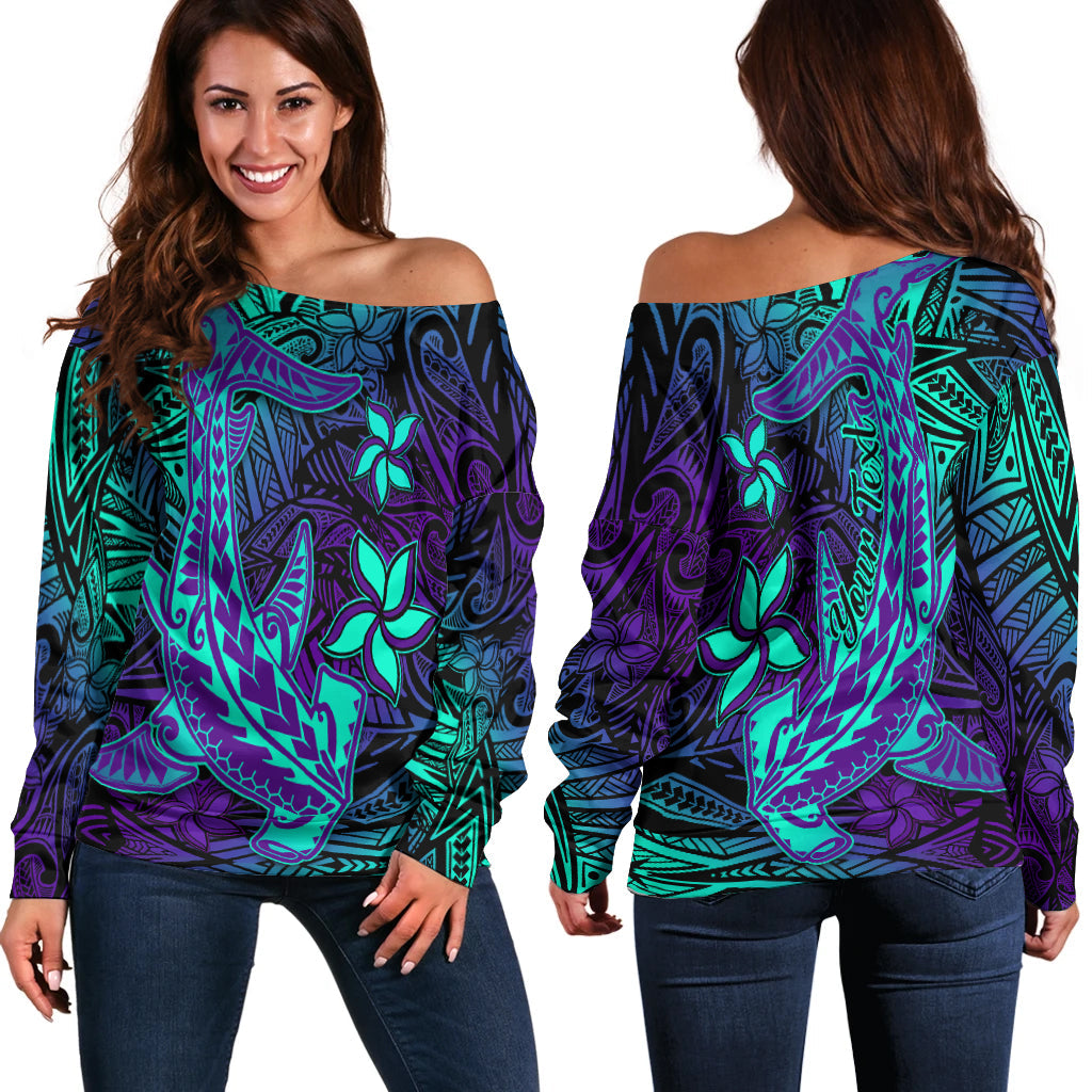 (Custom Personalised) Polynesian Off Shoulder Sweater Purple Paradise Hawaiian Tribal Hammerhead Shark LT14 Women Purple - Polynesian Pride