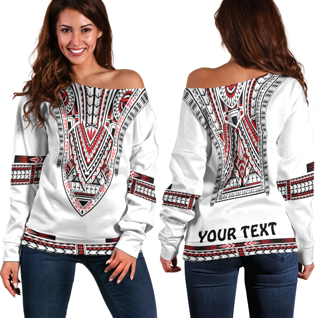 (Custom Personalised) Polynesian Off Shoulder Sweater Dashiki With Polynesian Tattoo Royal Version LT14 Women White - Polynesian Pride