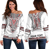 (Custom Personalised) Polynesian Off Shoulder Sweater Dashiki With Polynesian Tattoo Royal Version LT14 Women White - Polynesian Pride
