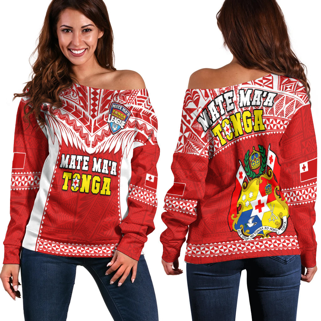Tonga Rugby Off Shoulder Sweater Mate Maa Tonga Pacific Ngatu White LT14 Women Red - Polynesian Pride