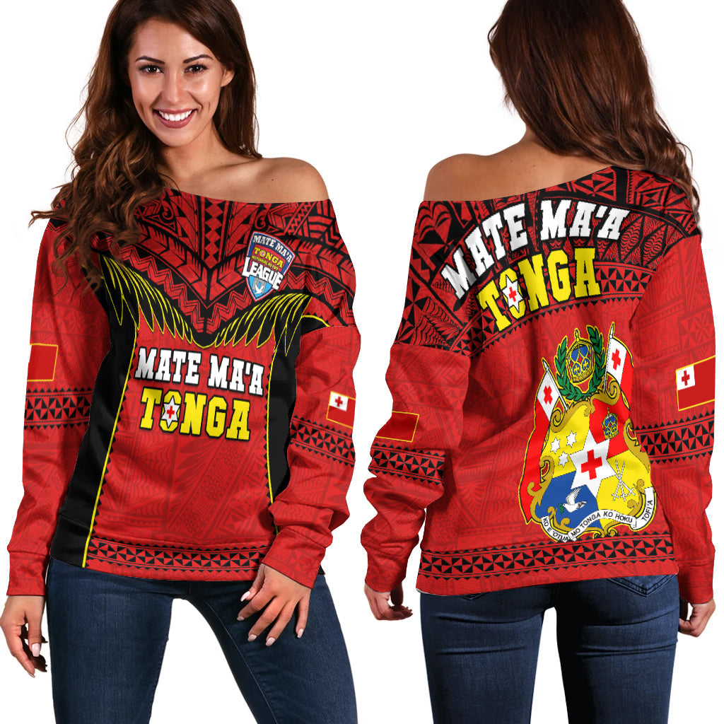 Tonga Rugby Off Shoulder Sweater Mate Maa Tonga Pacific Ngatu Black LT14 Women Red - Polynesian Pride