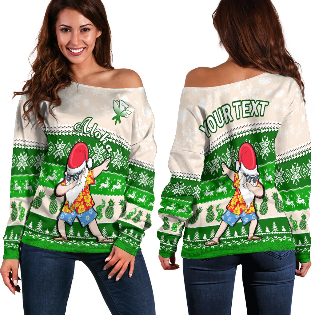 (Custom Personalised) Hawaii Mele Kalikimaka Off Shoulder Sweater Dabbing Santa Green Merry Christmas LT14 Women Green - Polynesian Pride