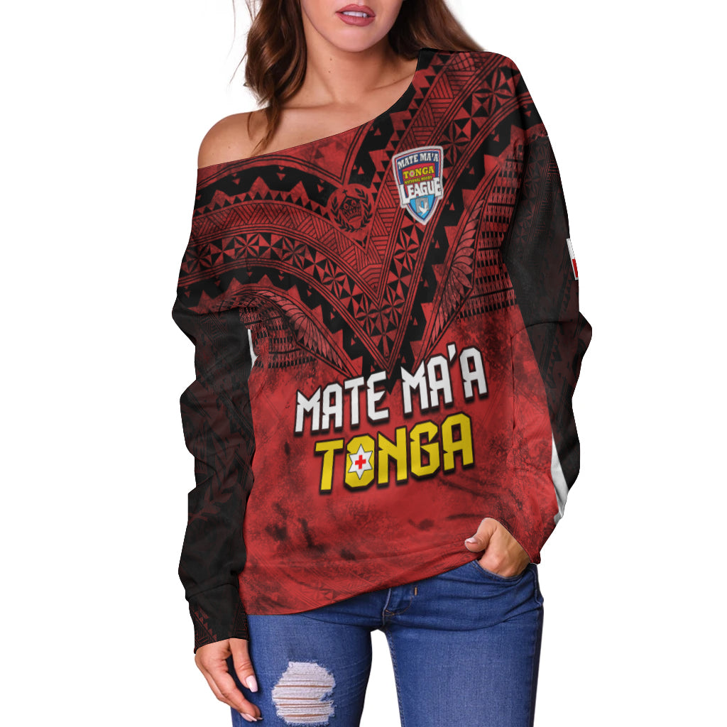 (Custom Text and Number) Tonga Rugby MMT Off Shoulder Sweater Ngatu Mate Maa Tonga Grunge LT13 - Polynesian Pride