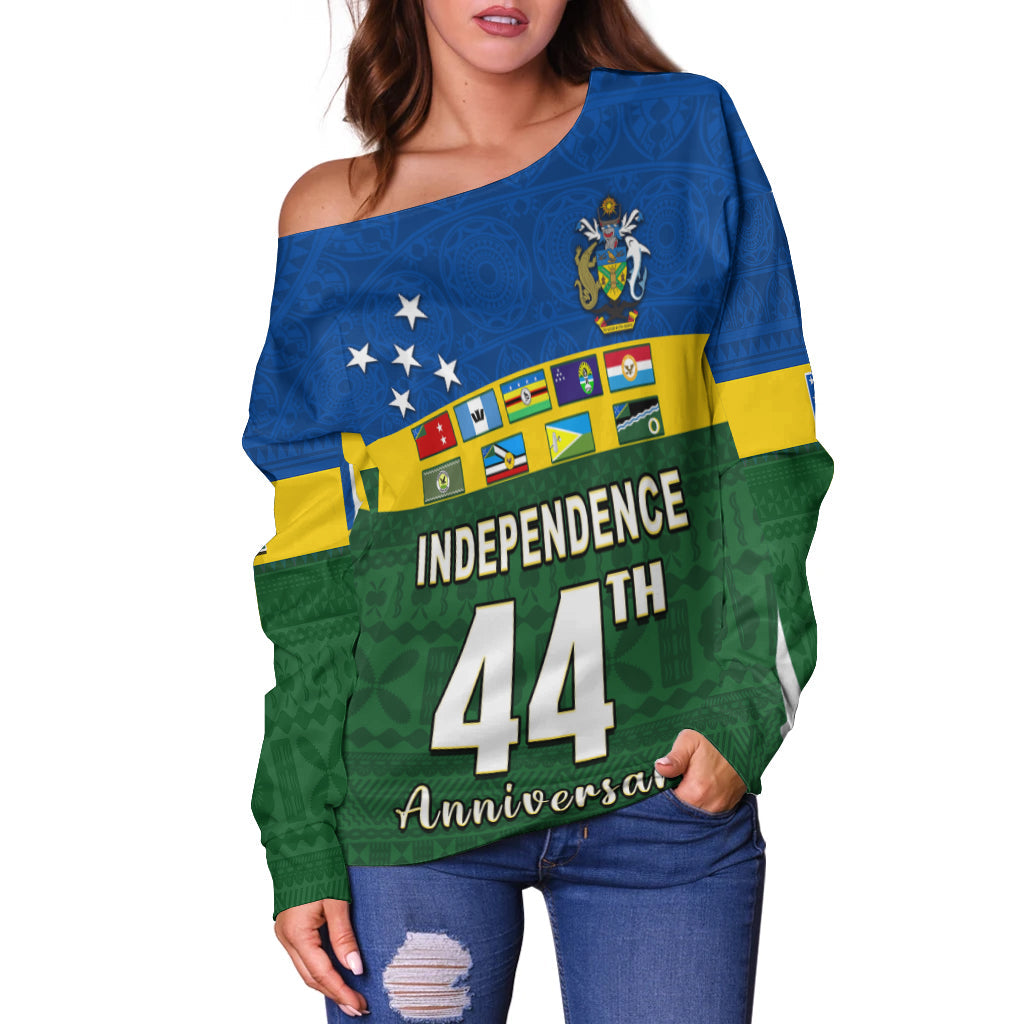 (Custom Personalised) Solomon Islands National Day Off Shoulder Sweater Independence Day Tapa Pattern LT13 - Polynesian Pride