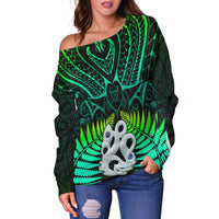 Aotearoa Fern Off Shoulder Sweater New Zealand Hei Tiki Green Style LT13 - Polynesian Pride