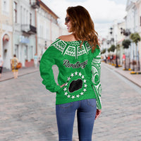 Rarotonga Cook Islands Off Shoulder Sweater Turtle and Map Style Green LT13 - Polynesian Pride
