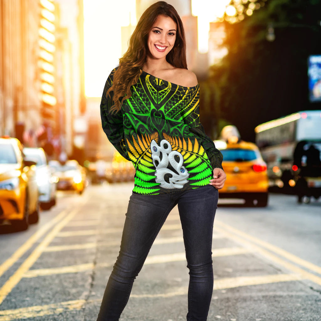 Aotearoa Fern Off Shoulder Sweater New Zealand Hei Tiki Special Style LT13 - Polynesian Pride