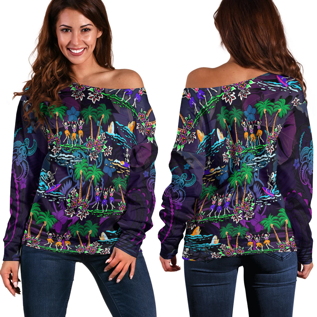 Hawaii Skeleton Dancing Off Shoulder Sweater Halloween Hawaiian Turtle LT13 - Polynesian Pride