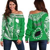 Rarotonga Cook Islands Off Shoulder Sweater Turtle and Map Style Green LT13 - Polynesian Pride