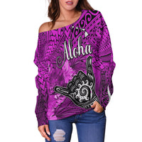The Shaka Hawaii Off Shoulder Sweater Tropical Flowers Purple Version LT13 - Polynesian Pride