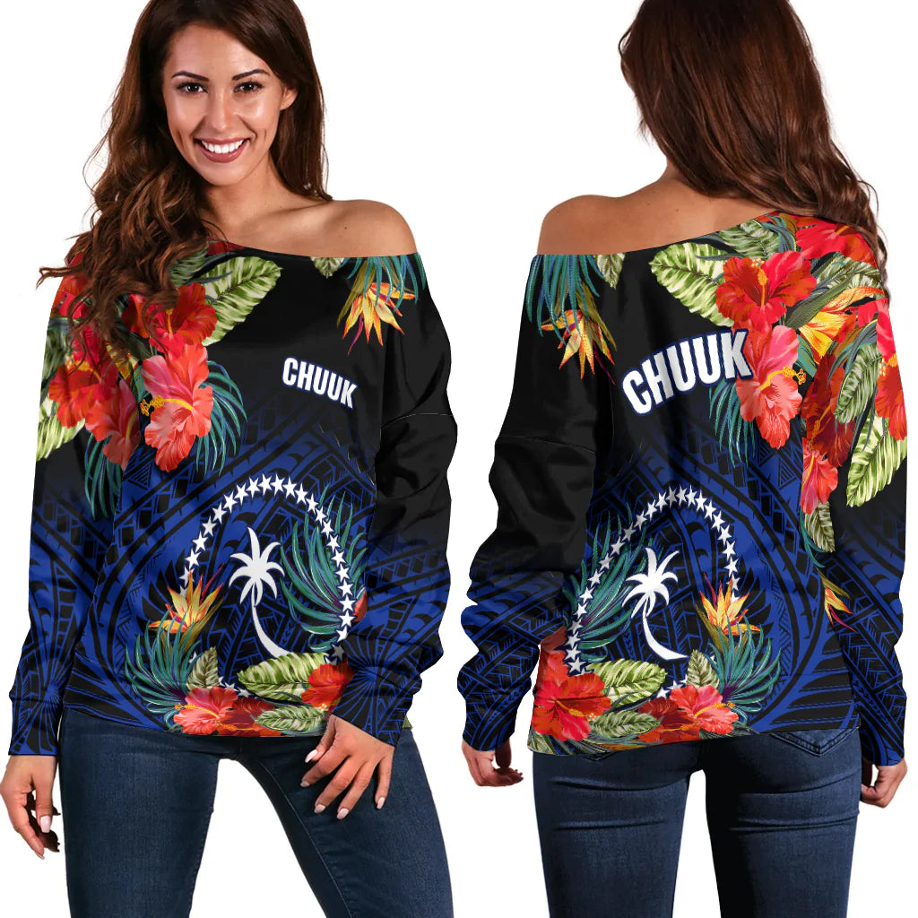 Chuuk State Off Shoulder Sweater FSM Hibiscus Flowers Mix Polynesian LT14 Women Blue - Polynesian Pride