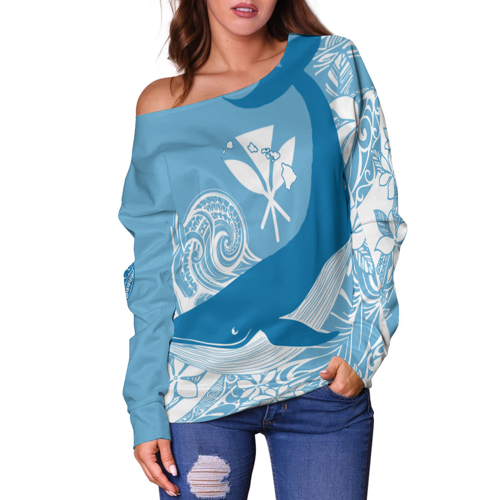 (Custom Personalized) Hawaii Kohol Humpback Whale Off Shoulder Sweater Cerulean LT7 Cerulean - Polynesian Pride