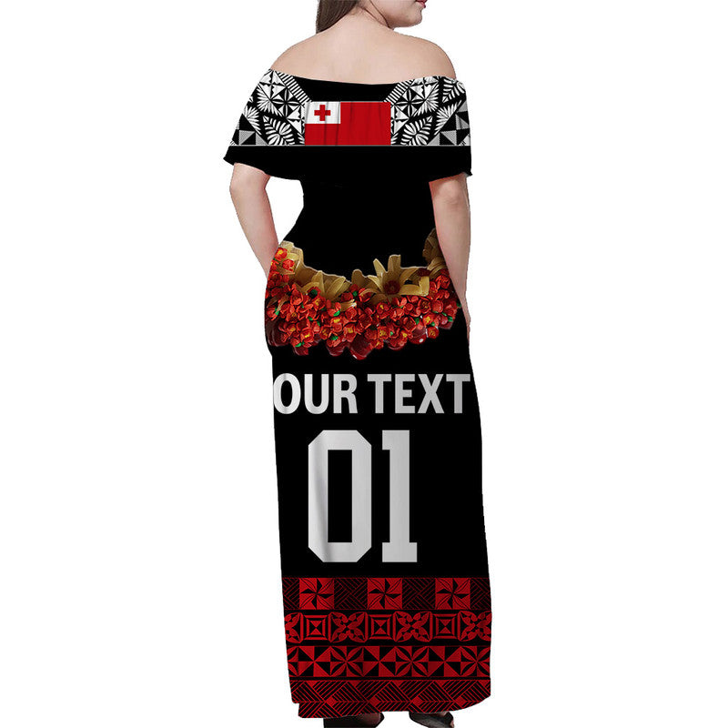 (Custom Personalised) Tonga Emancipation Day Off Shoulder Long Dress Independence Day - Fancy Kahoa Heilala Flower - Black Red LT8 - Polynesian Pride