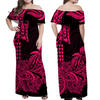 Hawaii Kakau Off Shoulder Long Dress Polynesian Floral Tribal Pink Version LT9 - Polynesian Pride