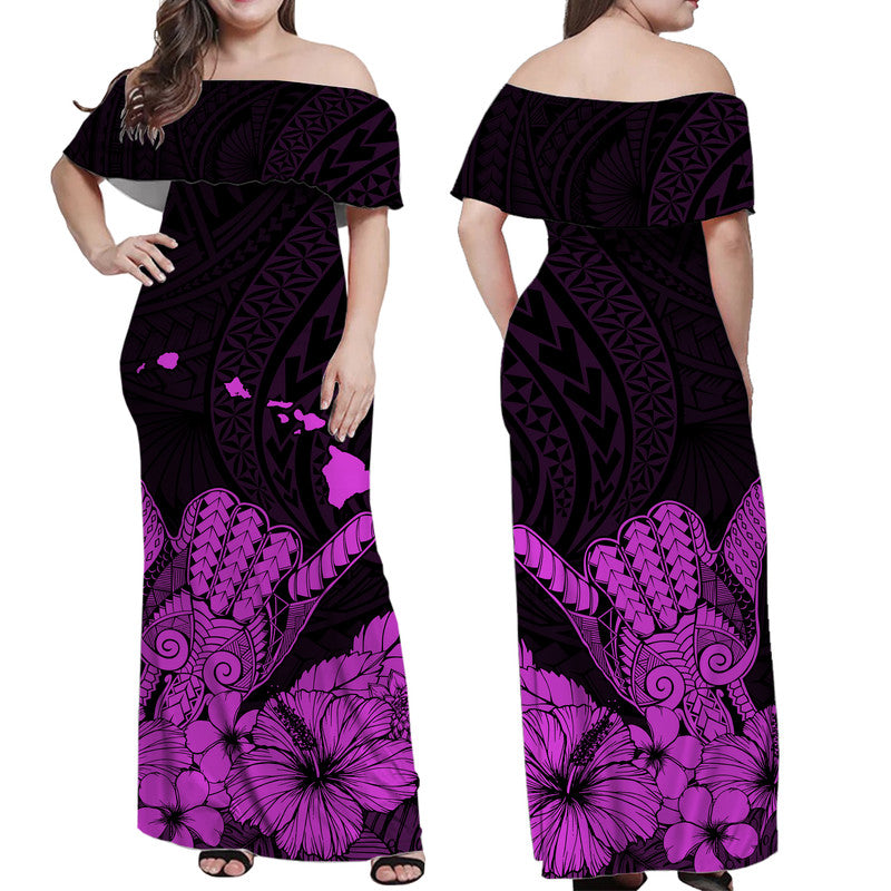 Hawaii Shaka Sign Couple Long Dress and Hawaiian Shirt Purple Version LT9 - Polynesian Pride