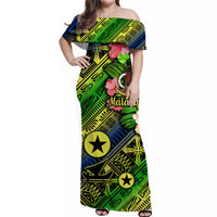 (Custom Personalised) Vanuatu Malampa Off Shoulder Long Dress Independence Be Proud LT8 Women Blue - Polynesian Pride