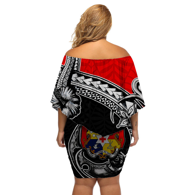 Tonga Hook Tattoo Off Shoulder Short Dress Black LT6 - Polynesian Pride