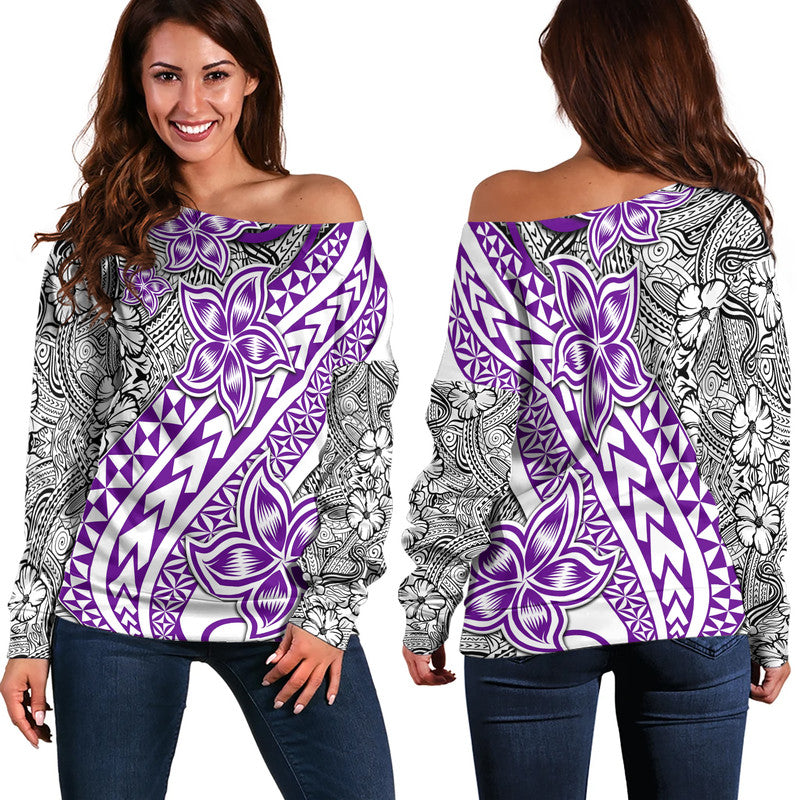 Traditional Polynesian Tribal Tattoo Retro Women Off Shoulder Sweater Purple LT9 Women Purple - Polynesian Pride