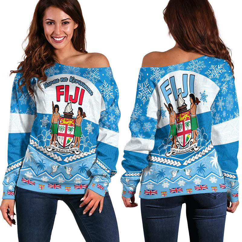 Fiji Masi Tapa Christmas Vibe Women Off Shoulder Sweater LT9 Women Blue - Polynesian Pride