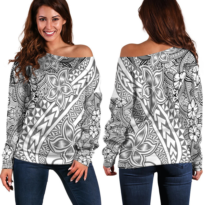 Traditional Polynesian Tribal Tattoo Retro Women Off Shoulder Sweater Grey LT9 Women Grey - Polynesian Pride