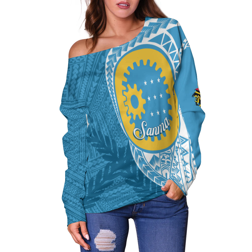 (Custom Personalised) Vanuatu Sanma Province Off Shoulder Sweater Sanma Emblem LT7 Blue - Polynesian Pride