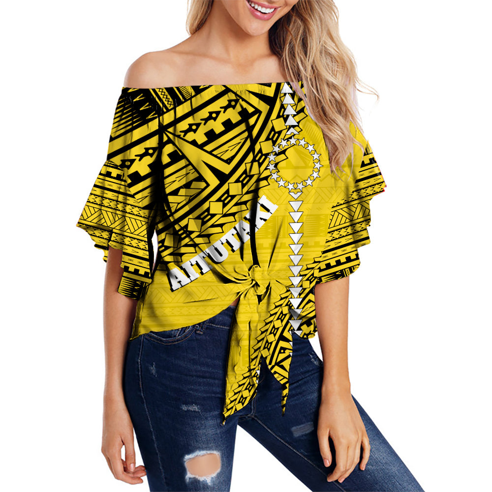 Cook Islands Tribal Personalised Off Shoulder Waist Wrap Top Island Map - Aitutaki Island LT7 Female Yellow - Polynesian Pride