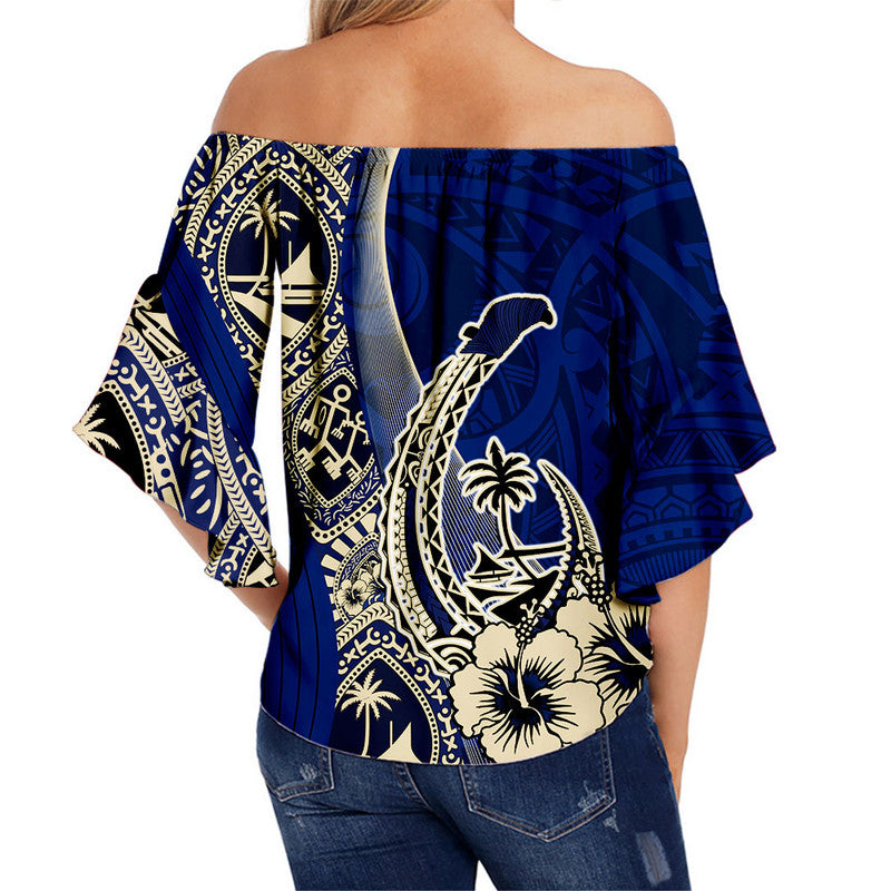 Guam Fish Hook Off Shoulder Waist Wrap Top Blue Style LT6 - Polynesian Pride