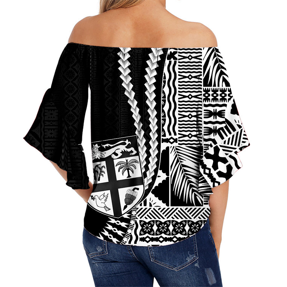 Fiji Off Shoulder Wrap Waist Top Dress Masi Tapa Patterns Black Style LT6 - Polynesian Pride