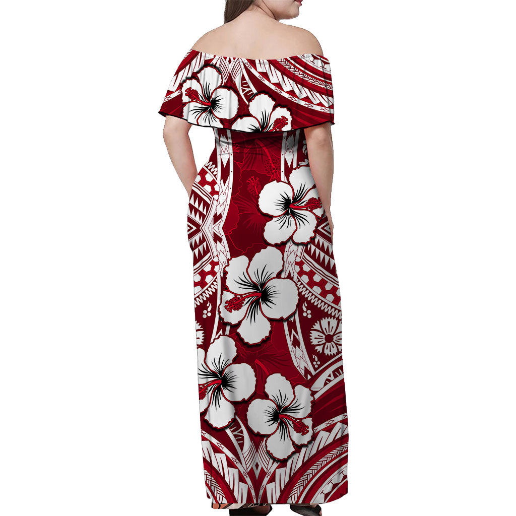 Hibiscus Off Shoulder Long Dress Fiji Patterns Red LT6 - Polynesian Pride