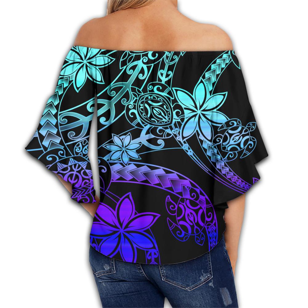 Hawaii Polynesian Turtles Plumeria Off Shoulder Waist Wrap Top - Cool Colors - AH - Polynesian Pride