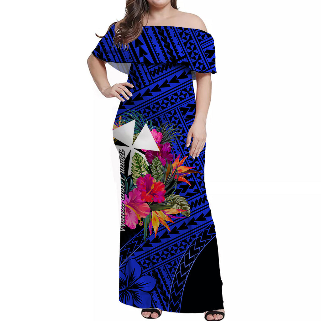 Wallis and Futuna Off Shoulder Long Dress Hibiscus Blue No.1 Color LT6 Women Blue - Polynesian Pride