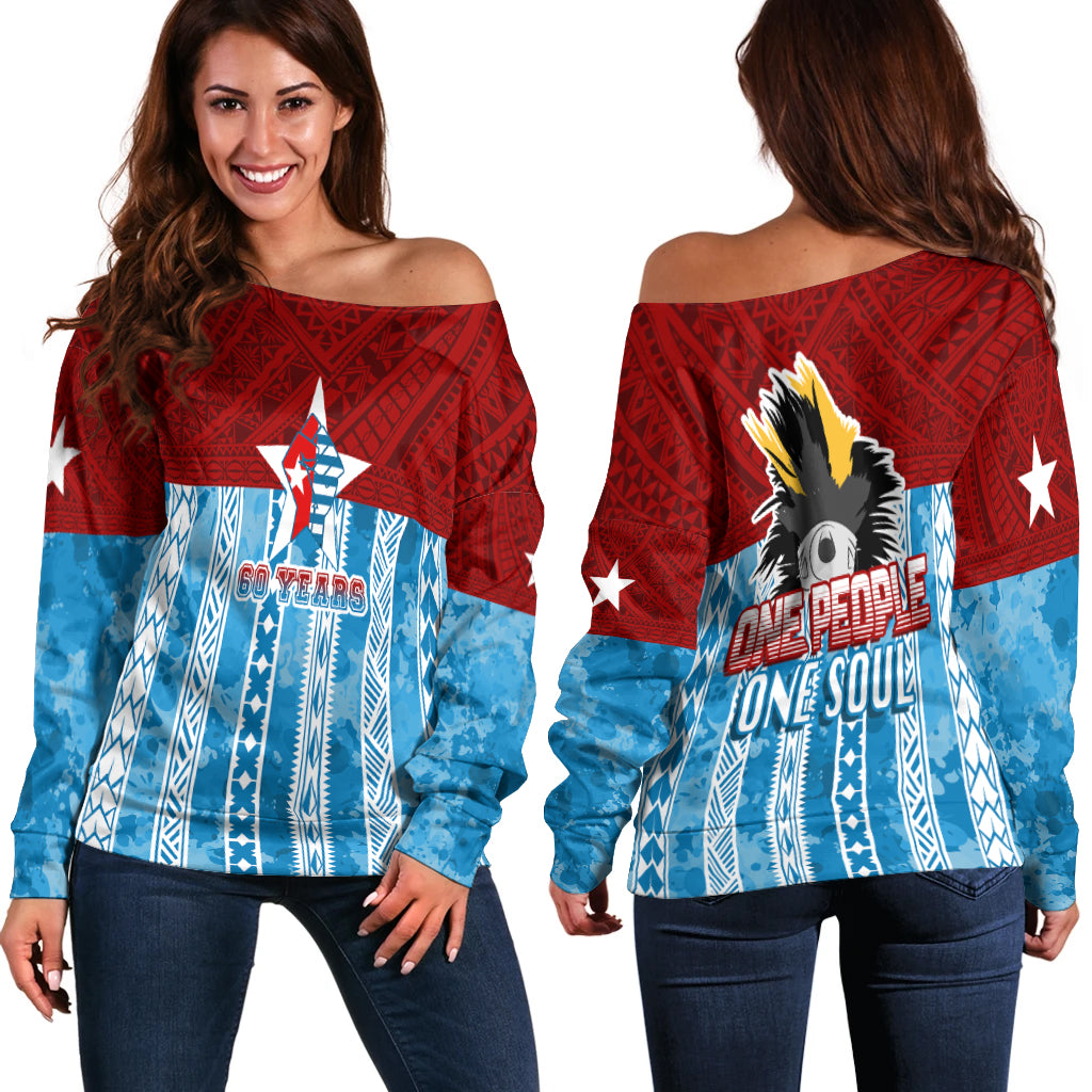 West Papua 60 Years OPM Morning Star with Polynesian Pattern Off Shoulder Sweater LT7 Cerulean - Polynesian Pride
