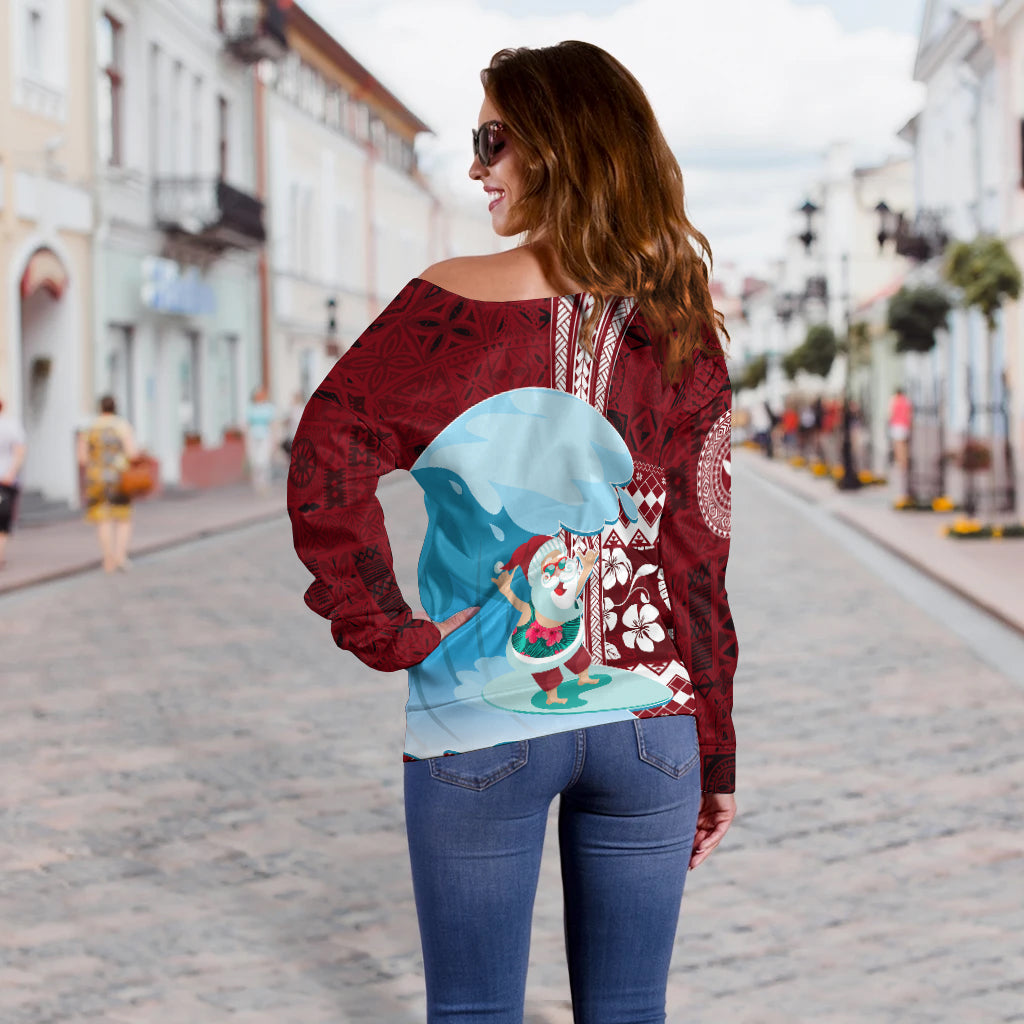 Hawaii Christmas Surfing Santa Claus Mele Kalikimaka Off Shoulder Sweater LT7 - Polynesian Pride