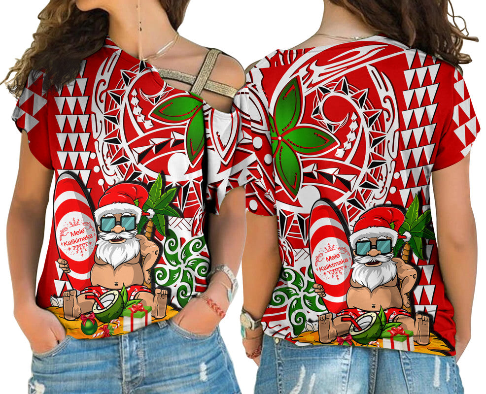 Hawaii Mele Kalikimaka Santa Claus Beach Cross Shouder Shirt LT6 Female Red - Polynesian Pride
