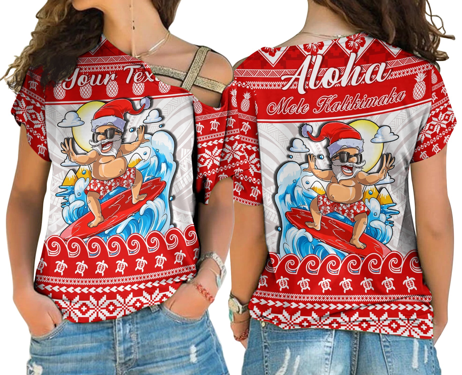 Custom Personalised Hawaii Christmas Cross Shoulder Shirt Surfing Santa Mele Kalikimaka Polynesian LT14 Female Red - Polynesian Pride